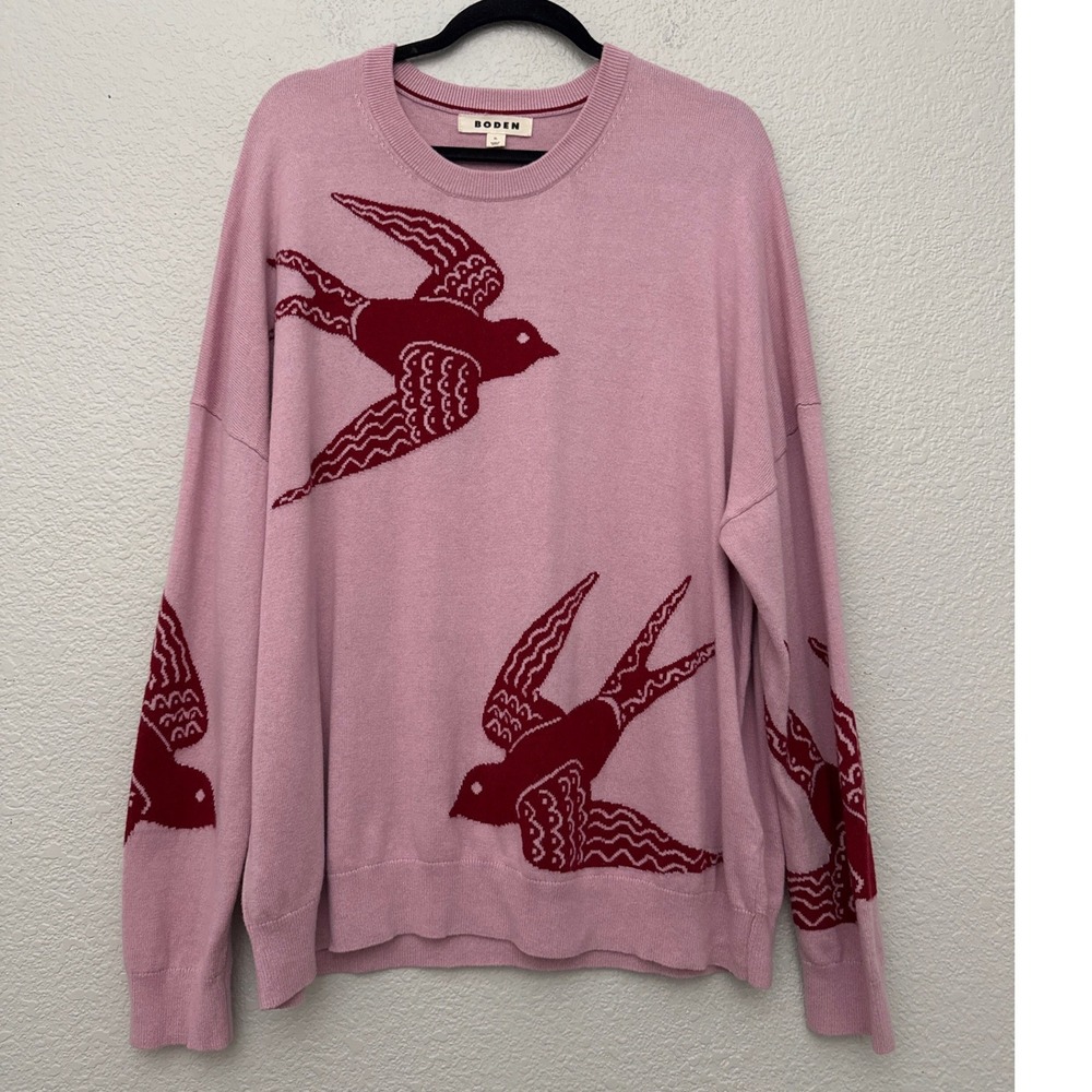 Boden Natasha Pink Birds Graphic Knit Crewneck Sweater Wool Cashmere Blend XL